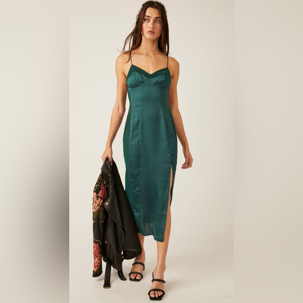 NWT Free People Intimately City Cool Midi Slip Dress Silky Satin Evergreen XS